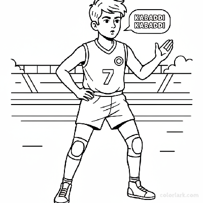 Black and white line art of a young Indian Kabaddi player practicing his 'Kabaddi Kabaddi' chant.