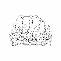 Mother and baby elephant coloring page navigating thorny bushes.