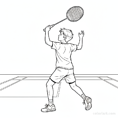 Black and white line art of a child practicing footwork for backcourt clear shots in badminton.