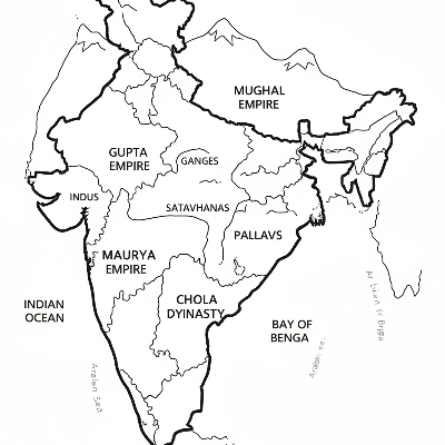 Line art coloring map of India, outlining regions of major historical dynasties like Mauryas and Mughals.