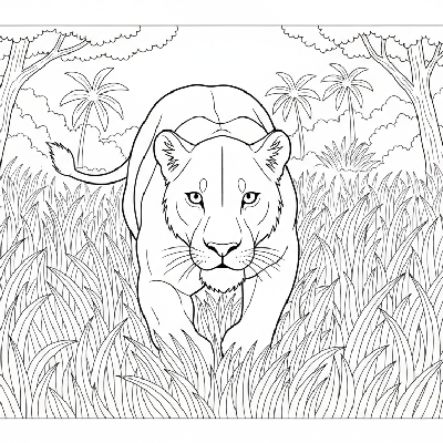 Black and white line art of a lioness hunting in the tall grass of the Indian jungle