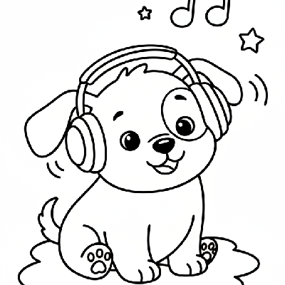 Black and white line art of a cute puppy sitting with simple headphones over its ears, easy for kids.