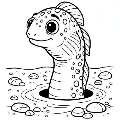 Black and white line art of a single garden eel, with its head and upper body emerging from a round burrow in the textured sandy seabed.