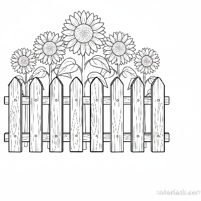 Black and white line art of sunflowers growing behind a wooden picket fence