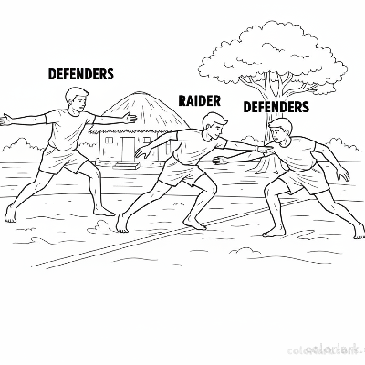 Black and white line art of Indian kids playing a dynamic kabaddi match on a dusty mud ground. A raider is reaching for a tag.