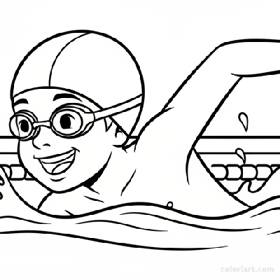 Black and white line art of a smiling child taking a breath during freestyle swim in a pool, wearing a swim cap and goggles.