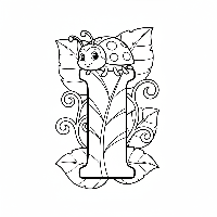 Black and white line art of a tiny insect crawling over the letter I.