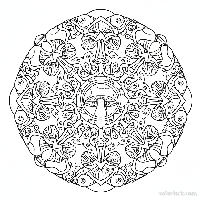 Black and white line art of an intricate symmetrical mandala pattern made from stylized mushroom shapes, for adult stress relief coloring.