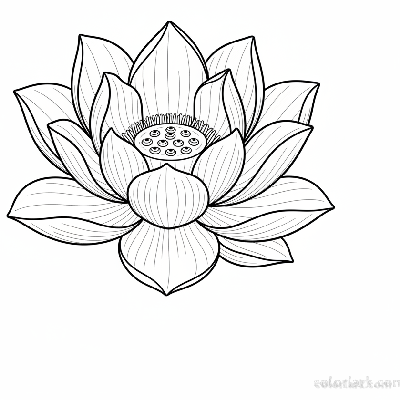 Black and white line art of a detailed single lotus flower, showing each petal and central elements.