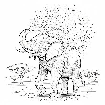 Black and white line art of an Indian elephant vigorously spraying itself with a cloud of dust.