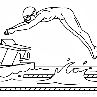 Black and white line art of a junior swimmer in a powerful dive form over a swimming pool during a race.