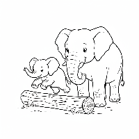 Baby elephant leaps over log, mother watches, free printable coloring page