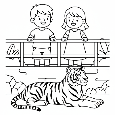 Line art of two children looking over a railing, observing a calm Bengal tiger in its zoo enclosure from a deck.