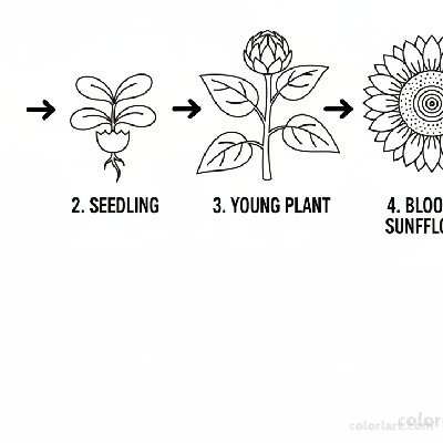 Black and white line art illustrating the four stages of a sunflower's life cycle