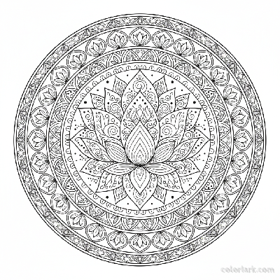 Black and white line art of an intricate lotus flower mandala design with detailed patterns.