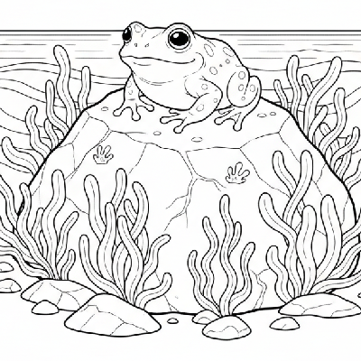 Black and white line art of a little frog resting on a seaweed-covered coastal rock.