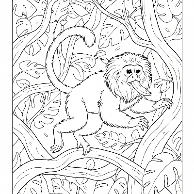 Black and white line art of a focused Tamarin monkey leaping between branches with a banana in its mouth.