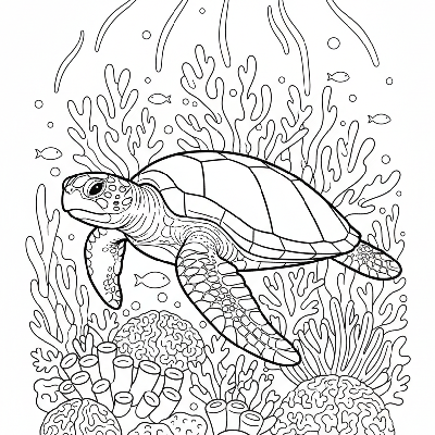 Black and white line art coloring page of a majestic green sea turtle swimming through a detailed coral reef.