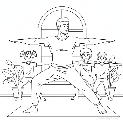 Line art of kids practicing Warrior II Pose with a yoga teacher.