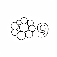 Black and white line art coloring page showing nine bouncy balls with the number 9.
