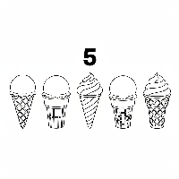 Black and white line art coloring page featuring five ice cream cones and the number 5.