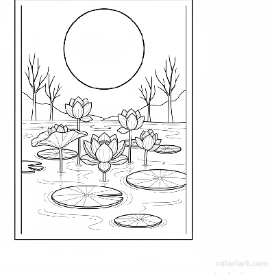 Black and white line art of a moonlit lotus pond with night blooming flowers.
