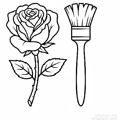 Easy rose and paintbrush coloring page for creative kids, black and white line art, simple flower and art tool.