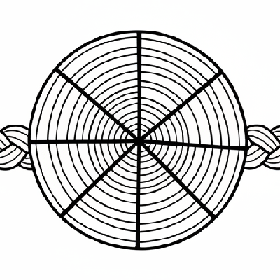 Black and white line art of a rustic jute thread Rakhi with woven patterns and coarse fiber textures for natural coloring.