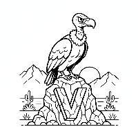 Black and white line art of a vigilant vulture perched on a rock with the letter V.