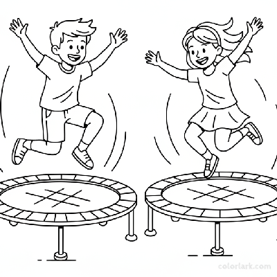 Black and white line art of kids energetically bouncing and twisting on separate trampolines.