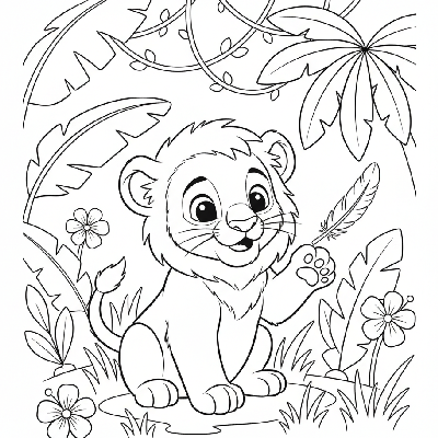 Black and white line art of a lion cub playing with a jungle bird's feather