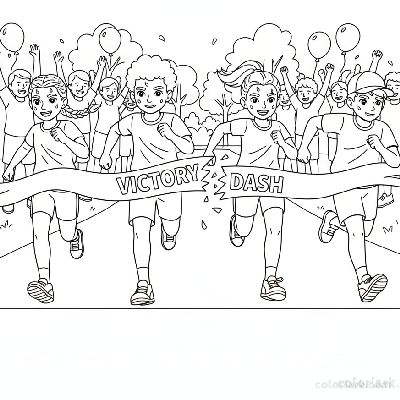 Line art of dynamic young runners sprinting to a finish line with a festive cheering crowd