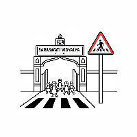 Black and white line art of an Indian pedestrian crossing warning sign at a school gate with children.