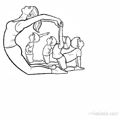 Line art of children learning Camel Pose for backbend with a yoga instructor.