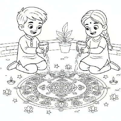 Two happy children creating a detailed rangoli pattern on the ground for Diwali, focused and joyful, line art