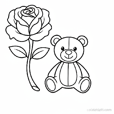 Beginner rose and teddy bear coloring page for young children, black and white line art, easy flower and plush toy.