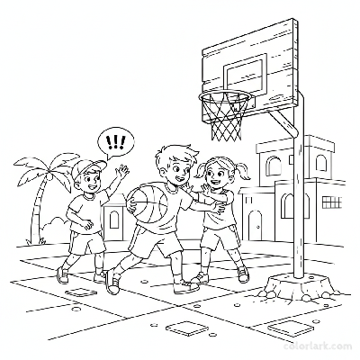 Line art of Indian children learning teamwork by passing a basketball on the street, with a friend cheering.