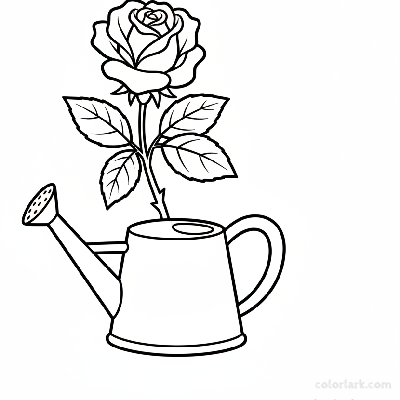 Simple rose in a watering can coloring page for kids, black and white line art, easy gardening themed illustration.