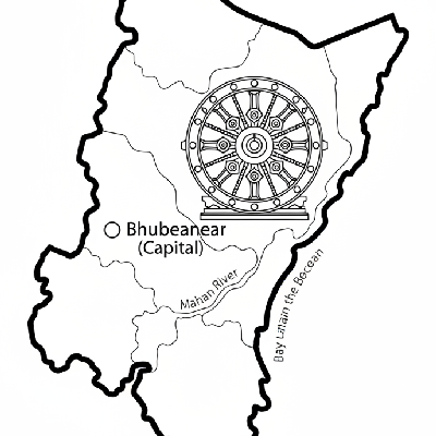 Line art coloring map of Odisha state, featuring the Konark Sun Temple and its coastline, with Bhubaneswar marked.