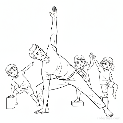 Line art of kids practicing Half Moon Pose with a yoga teacher.