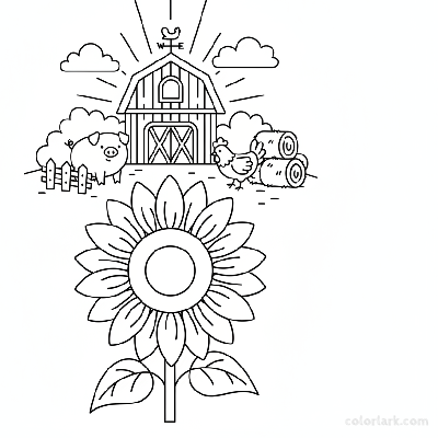 Black and white line art of a sunflower in a farm scene with barnyard animals