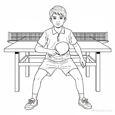 Line art of a young athlete demonstrating a perfect forehand ready stance in table tennis.