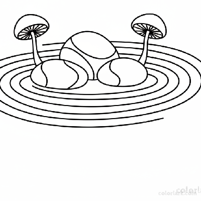 Black and white line art of a Zen garden with smooth stones, raked sand patterns, and elegant minimalist mushrooms, for coloring.