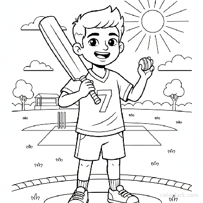 Line art of a smiling Indian boy with cricket bat and ball on a sunny cricket field.