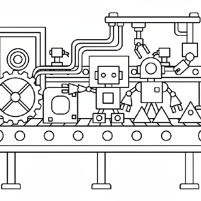 Black and white line art of a robot manufacturing line showing gears, wires, and robotic parts, all composed of circles, squares, and triangles.