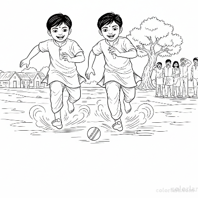 Two energetic Indian children running across a dusty village ground to retrieve a rolling cricket ball.
