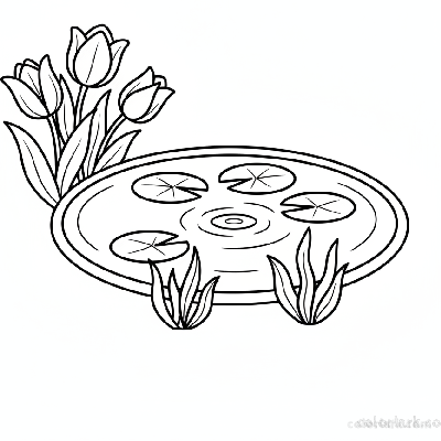Line art illustration of tulips growing gracefully by a serene garden pond