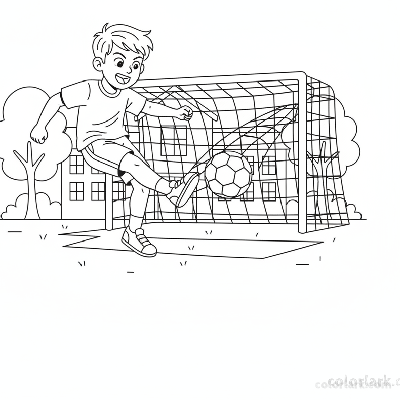 Line art of a boy kicking a soccer ball into a goal on a school field, showing the ball mid-flight into the net.