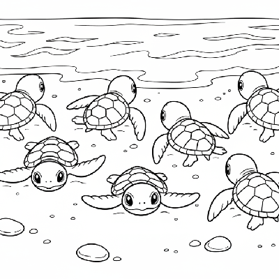 Black and white line art coloring page of baby sea turtle hatchlings racing across sand towards the ocean.