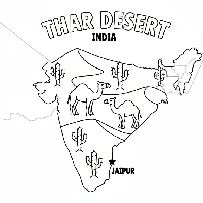 Line art coloring map of the Thar Desert region in Rajasthan, India, with subtle sand dunes and simple camel outlines.